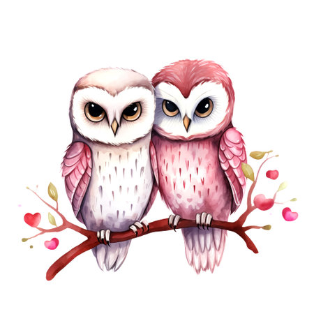 Cute Owls for Valentines Day. Watercolor. Clipart is a great choice for creating cards, invitations, party supplies and decorations.の写真素材