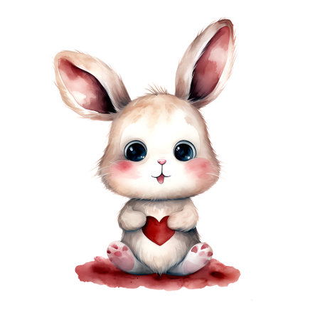 Cute Rabbits for Valentines Day. Watercolor. Clipart is a great choice for creating cards, invitations, party supplies and decorations.の写真素材