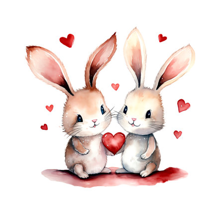 Cute Rabbits for Valentines Day. Watercolor. Clipart is a great choice for creating cards, invitations, party supplies and decorations.の写真素材