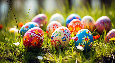 Easter - painted eggs in a basket on the grass in the sunlight.