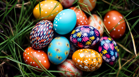 Easter - painted eggs in a basket on the grass in the sunlight.