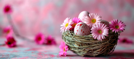 Basket with colorful Easter eggs and blooming flower - Easter backgroundの写真素材