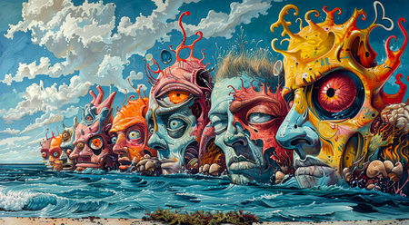 Psychedelic grunge backgrounds. Psychedelic Wall art. Vibrant illustration.の写真素材