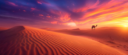 Atmospheric desert landscape at sunset, a camel in the distance and endless sand.の写真素材