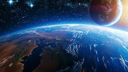 Realistic illustration of space, planets and galaxy for poster, banner or background. Abstract drawings of the future, science fiction and astronomy.の写真素材