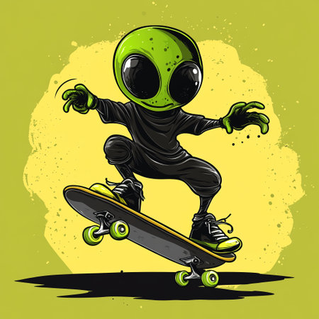 An alien humanoid jumping on a skateboard. Comic book style illustration.の写真素材