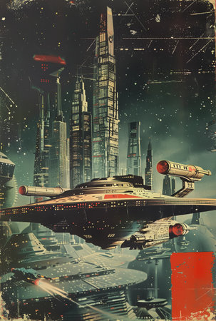 Grunge poster with spaceship, 60-70s style. Retro poster of space adventures with planets of the galaxy of the universe, stars and a spaceship.の写真素材