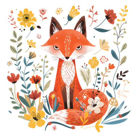 Adorable illustration of a cute fox with flowers.の写真素材