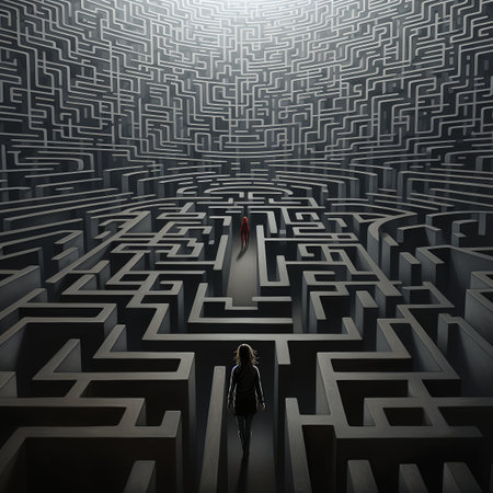 Dark surreal artwork showing a vast geometric maze or labyrinth with figures in silhouette