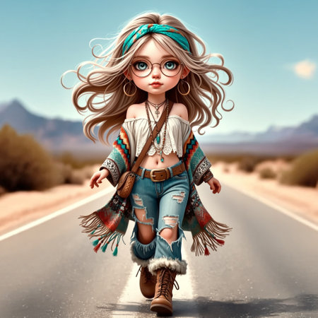 Stylish Hippie Girl Clip Art, cute fancy boho girl clip art, cute hippie girl clip art.の写真素材