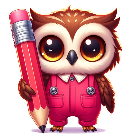 Charming cartoon owl character dressed in overalls and tie, holding a large red pencil. This adorable school-themed illustration is perfect for educational materials, children's projects, classroom decor, and digital products.の写真素材