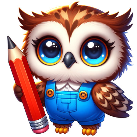 Charming cartoon owl character dressed in overalls and tie, holding a large red pencil. This adorable school-themed illustration is perfect for educational materials, children's projects, classroom decor, and digital products.の写真素材