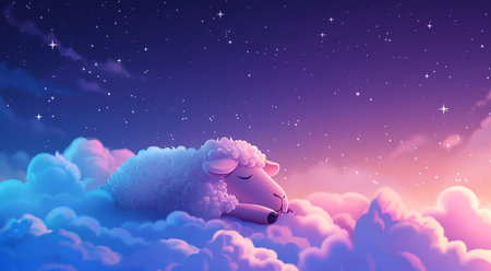 Magical children's backgrounds with sheep on clouds, the embodiment of children's dreams. Cute animals are sleeping on a cloud.の写真素材