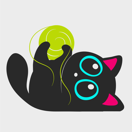 A cheerful black cat with a ball of yarn. A black cat playing with a ball of yarn. Flat cartoon design. EPS-10.のイラスト素材