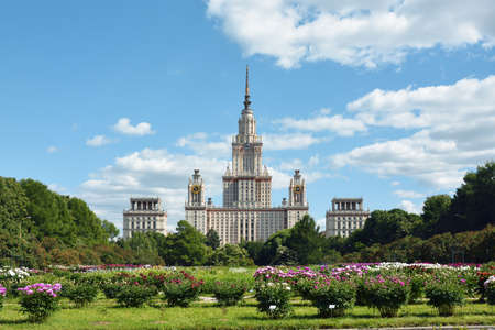 Botanical Garden of Moscow State University. View from the garden to the main university building in sunny weatherのeditorial素材