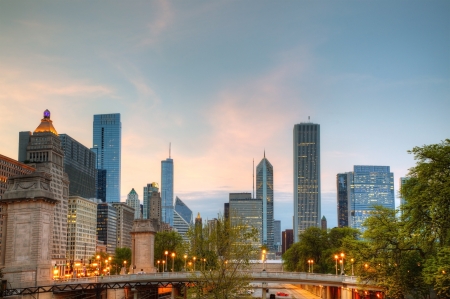 Cityscape of  Chicago in the evening lightの写真素材