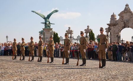 BUDAPEST - OCTOBER 03: Guards of honor at the Presidential palace on October 03, 2012 in Budapest, Hungary. A primary role for honor guards in the United States and some other countries is to provide funeral honors for fallen comrades and to guard nationaのeditorial素材