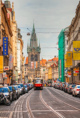 PRAGUE - OCTOBER 09: Tram at old street on October 09, 2012 in Prague. Prague historical Centre, including most of the cityâs major sites, became a UNESCO-listed site in 1992. のeditorial素材