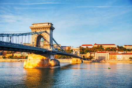 Szechenyi chain bridge in Budapest, Hungary in the morningの写真素材
