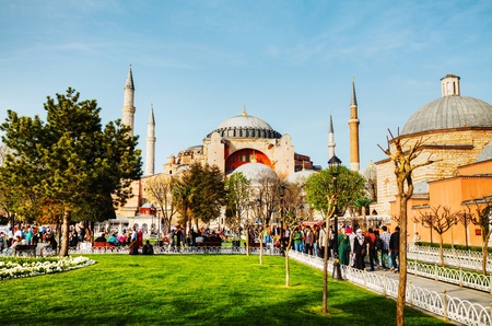 ISTANBUL - APRIL 5: Hagia Sophia with tourists in Istanbul on April 05, 2013. Hagia Sophia is a former Orthodox patriarchal basilica (church), later a mosque, and now a museum.のeditorial素材