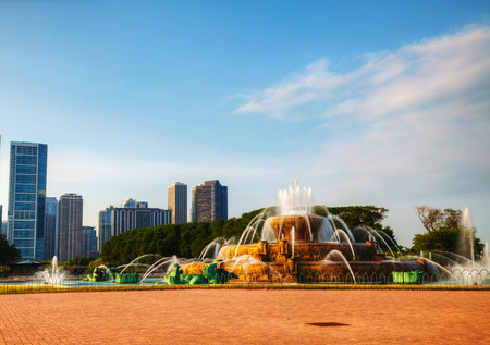 Chicago downtown cityscape with Buckingham Fountain at Grant Park