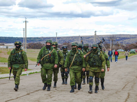 PEREVALNE, UKRAINE - MARCH 5  Russian soldiers marching on March 5, 2014 in Perevalne, Ukraine  On...