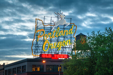 Famous Old Town Portland, Oregon neon sign in the nightのeditorial素材