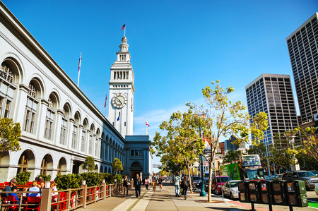 SAN FRANCISCO - APRIL 24: Famous ferry building on April 24, 2014 in San Francisco, California. This 245-foot tall clock tower is the iconic waterfront landmark built in 1898.のeditorial素材