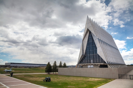 COLORADO SPRINGS, COLORADO - APRIL 28: United States Air Force Academy Cadet Chapel on April 28 in Colorado Springs, Colorado. It's a military academy for officer candidates for the United States Air Forceのeditorial素材
