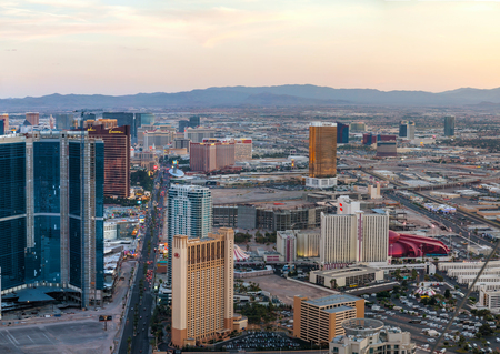LAS VEGAS - April 20: Overview of downtown Las Vegas in the evening on April 20, 2014 in Las Vegas. It's the most populous city in the state of Nevada and the county seat of Clark County.のeditorial素材