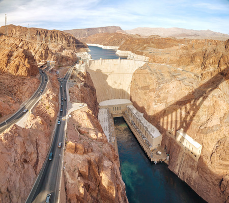 Aerial view of dam on a sunny dayの写真素材