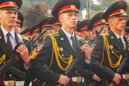 KYIV, UKRAINE - AUGUST 24: Border guard troopers of the Ukrainian Army at the military parade dedicated to the Independence Day of Ukraine on August 24, 2014 in Kyiv, Ukraine. These guys are going to take a part in the anti-terrorists operation in Donbassのeditorial素材