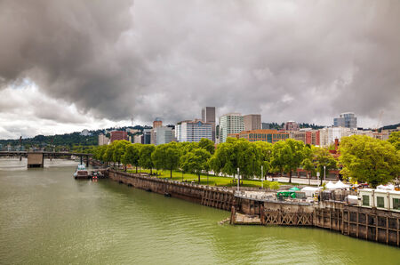 Downtown Portland cityscape on an overcast dayの写真素材