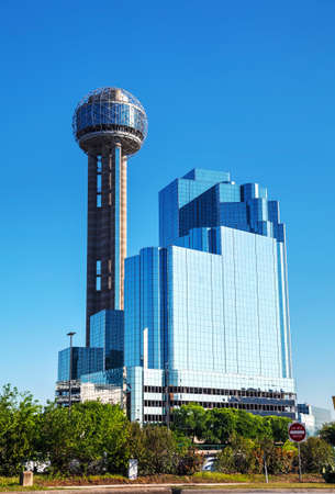 DALLAS - APRIL 16: Downtown of Dallas with Reunion Tower on April 16, 2014 in Dallas, Texas. It is a 561 ft (171 m) observation tower and one of the most recognizable landmarks in Dallas.のeditorial素材