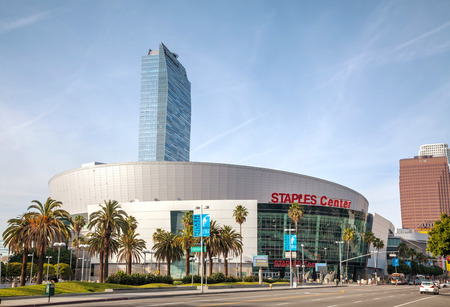 LOS ANGELES - APRIL 22: Staples Center building on April 22, 2014 in Los Angeles, California. Staples Center is a large multi-purpose sports arena in Downtown Los Angeles.のeditorial素材