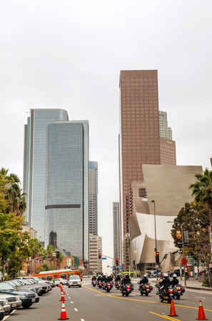 LOS ANGELES - APRIL 22: Downtown Los Angeles with the Walt Disney concert hall on April 22, 2014 in Los Angeles, CA. It seats 2,265 people and serves as the home of the Los Angeles Philharmonic orchestra.のeditorial素材