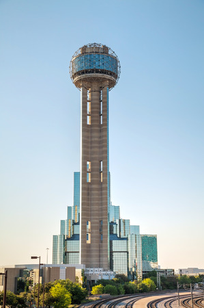 DALLAS - APRIL 16: Downtown of Dallas with Reunion Tower on April 16, 2014 in Dallas, Texas. It is a 561 ft (171 m) observation tower and one of the most recognizable landmarks in Dallas.のeditorial素材