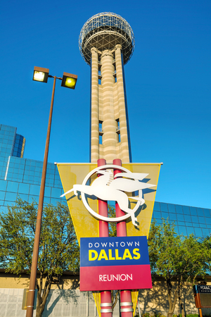 DALLAS - APRIL 16: Downtown of Dallas with Reunion Tower on April 16, 2014 in Dallas, Texas. It is a 561 ft (171 m) observation tower and one of the most recognizable landmarks in Dallas.のeditorial素材