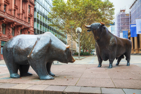 FRANKFURT - OCTOBER 14: Bear and Bull sculpture nearthe Frankfurt Stock Exchange building on October...