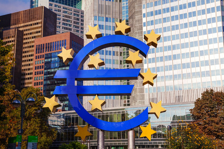 FRANKFURT - OCTOBER 14: Euro sign in front of the European Central Bank building on October 14, 2014...