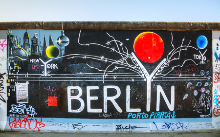 BERLIN - OCTOBER 4, 2014: The Berlin wall with grafitti on October 4, 2014 in Berlin, Germany. It was a barrier that existed from 1961 through 1989 to completely cut off West Berlin from surrounding East Germany.のeditorial素材