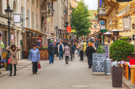 BUDAPEST - OCTOBER 22: Vaci street with tourists on October 22, 2014 in Budapest, Hungary. It's one of the main pedestrian thoroughfares and perhaps the most famous street of central Budapestのeditorial素材