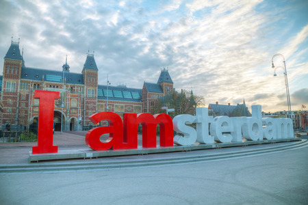 AMSTERDAM - APRIL 16: I Amsterdam slogan on April 16, 2015 in Amsterdam, Netherlands. Located at the back of the Rijksmuseum on Museumplein, the slogan quickly became a city icon.のeditorial素材