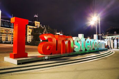 AMSTERDAM - APRIL 16: I Amsterdam slogan on April 16, 2015 in Amsterdam, Netherlands. Located at the back of the Rijksmuseum on Museumplein, the slogan quickly became a city icon.のeditorial素材