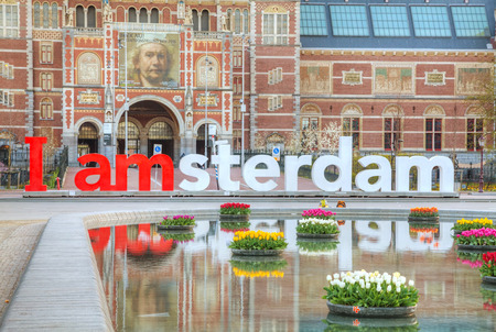 AMSTERDAM - APRIL 16: I Amsterdam slogan on April 16, 2015 in Amsterdam, Netherlands. Located at the back of the Rijksmuseum on Museumplein, the slogan quickly became a city icon.のeditorial素材