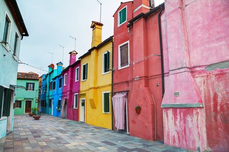 BURANO, ITALY - NOVEMBER 23: Brightly painted houses on November 23, 2015 in Burano, Venice, Italy. It's an island in the Venetian Lagoon, northern Italy.のeditorial素材