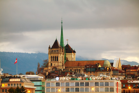 GENEVA, SWITZERLAND - NOVEMBER 28: Geneva cityscape overview with St Pierre Cathedral on November 28, 2015 in Geneva, Switzerland.のeditorial素材