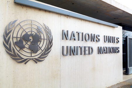 GENEVA, SWITZERLAND - NOVEMBER 28: United Nations palace sign on November 28, 2015 in Geneva, Switzerland.のeditorial素材