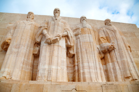 GENEVA, SWITZERLAND - NOVEMBER 28: The International Monument to the Reformation (Reformation wall) with the statues of William Farel, John Calvin, Theodore Beza, and John Knox on November 28, 2015 in Geneva, Switzerland.のeditorial素材