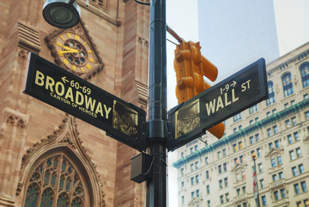 Wall street and Broadway signs in New York City, USAの写真素材